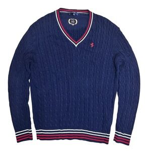 Ferrari Navy Blue Cable Knit V-Neck Pullover Sweater SZ XXL Luxury Preppy EUC